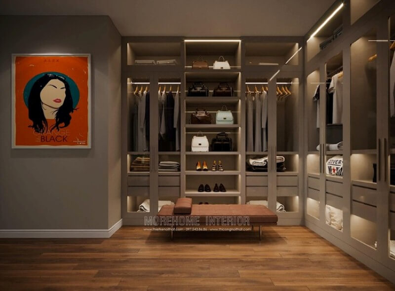 Ấn tượng với không gian hiện đại từ tủ quần áo gỗ acrylic sáng bóng. Mẫu thiết kế nội thất chung cư đẹp