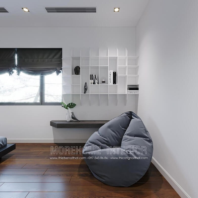 Kệ trang trí ốp tường sơn trắng đẹp, tạo góc nhìn độc đáo, tinh tế cho phòng ngủ. Mẫu nội thất biệt thự đẹp