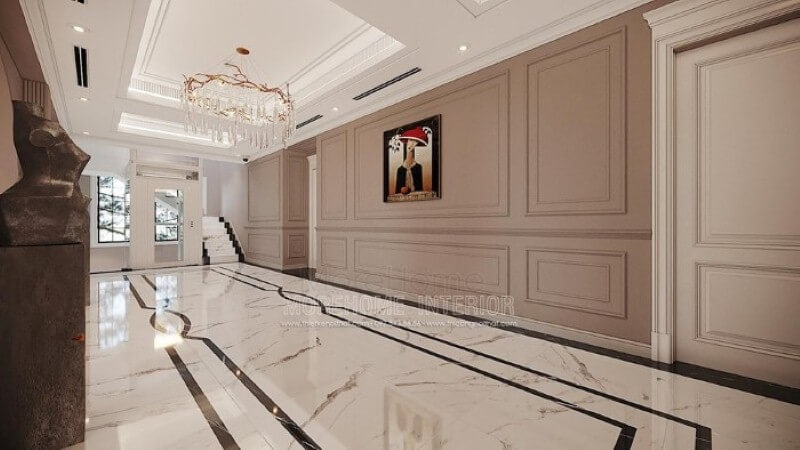 Đèn pha lê treo tường sang trọng tạo góc nhìn ấn tượng cho không gian hành lang đẹp. Mẫu nội thất biệt thự đẹp