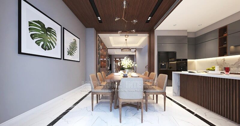 Bố trí nội thất phòng ăn liền bếp hiện đại đẹp sang trọng cho nhà phố, biệt thự tại Vinh, Nghệ An. Mẫu nội thất biệt thự đẹp