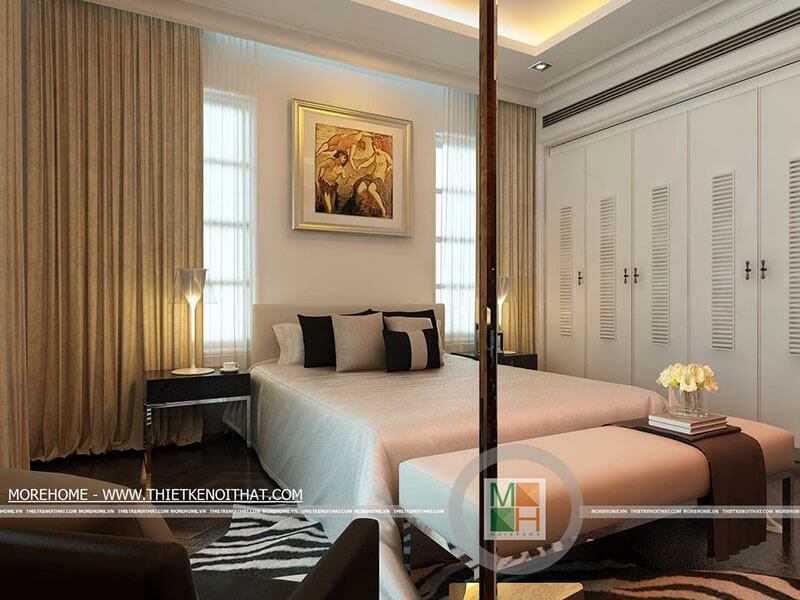 Thiết kế nội thất phòng ngủ hiện đại với tone màu trắng- nâu trầm mang lại sự hài hòa, thư giãn cho căn phòng Mẫu nội thất biệt thự đẹp