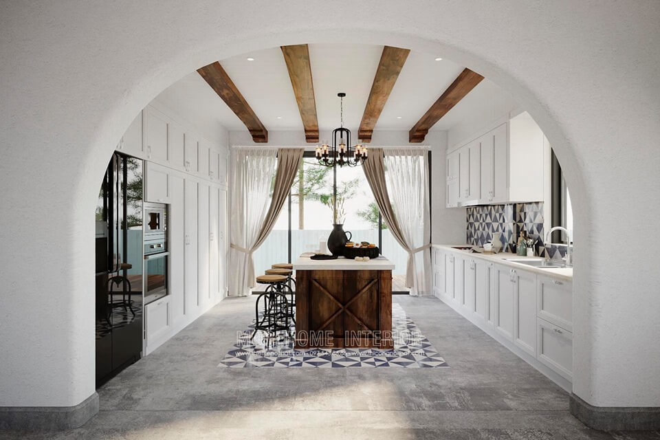 Chính giữa mẫu thiết kế nội thất phòng bếp chính là chiếc bàn đảo bếp gỗ tự nhiên. Bàn đào bếp được Morehome thiết kế vừa làm quầy bar thu nhỏ, vừa làm bàn ăn, vừa làm để đồ Thiết kế nội thất phòng bếp