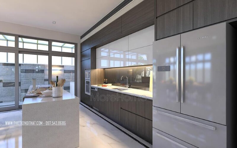 Bố trí nội thất phòng bếp hiện đại, sang trọng từ tủ bếp gỗ công nghiệp acrylic đồng màu cùng đá ốp cao cấp. Thiết kế nội thất phòng bếp