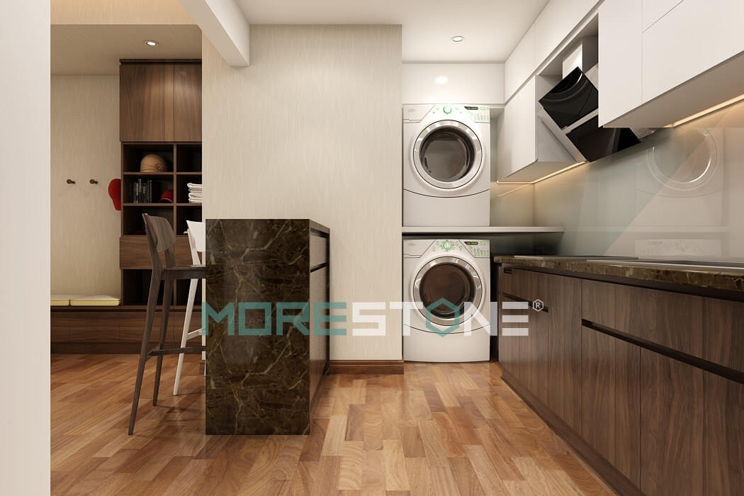 Ốp đá bếp màu nâu là sự lựa chọn ưa chuộng của nhiều chủ nhà. Đá tự nhiên nâu có độ bóng cao và tạo ra nét đẹp sang trọng cho căn bếp Thiết kế nội thất phòng bếp