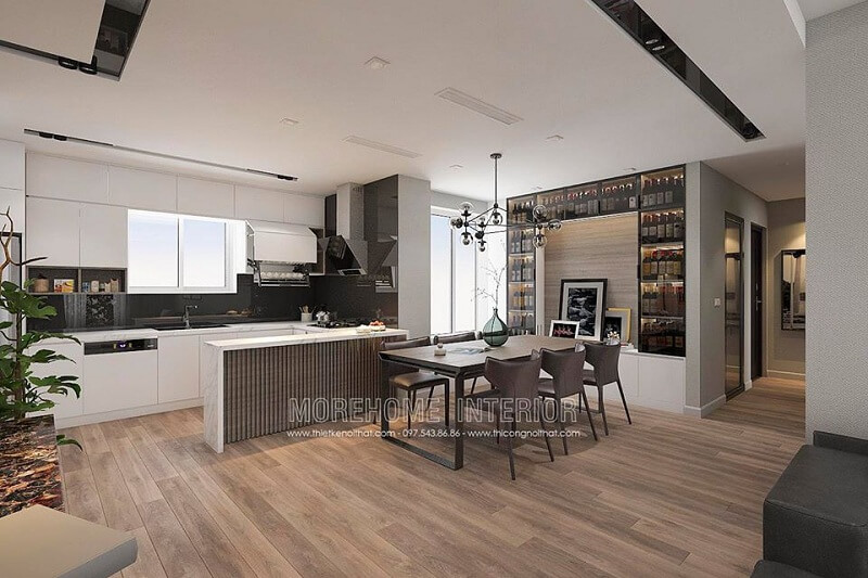Thiết kế phòng bếp chung cư cao cấp với hệ tủ bếp acrylic thông minh cùng bộ bàn ăn gỗ tự nhiện được nhiều gia chủ yêu thích và hướng đến Thiết kế phòng bếp chung cư hiện đại