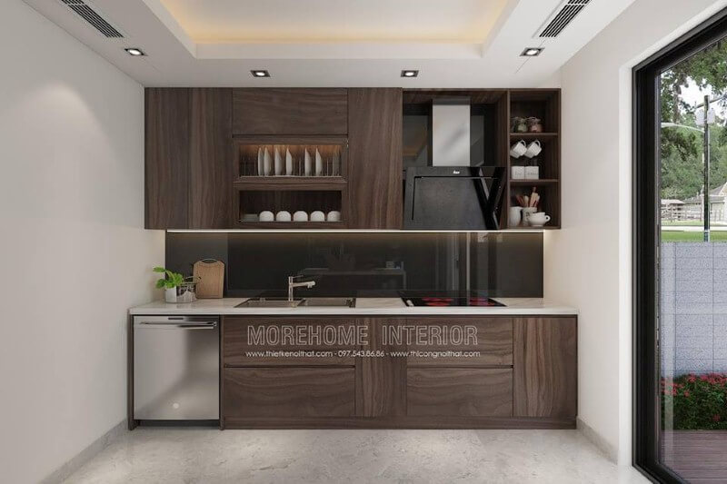 Mẫu tủ bếp gỗ công nghiệp veneer tối màu đẹp, sang trọng cho không gian bếp hiện đại. Thiết kế và sản xuất tủ bếp đẹp
