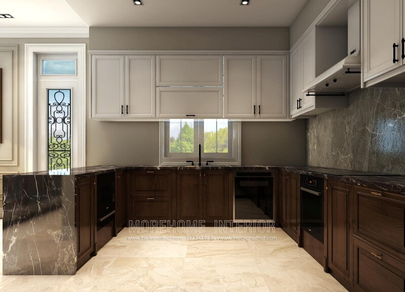 Sự dụng linh hoạt các vật liệu nhẹ, dễ lau chùi như đá, gỗ tự nhiên,… giúp tạo điểm nhấn không chỉ về tính thẩm mỹ và còn bởi sự tinh tế và tỉ mỉ trong thiết kế tủ bếp biệt thự Thiết kế và sản xuất tủ bếp đẹp