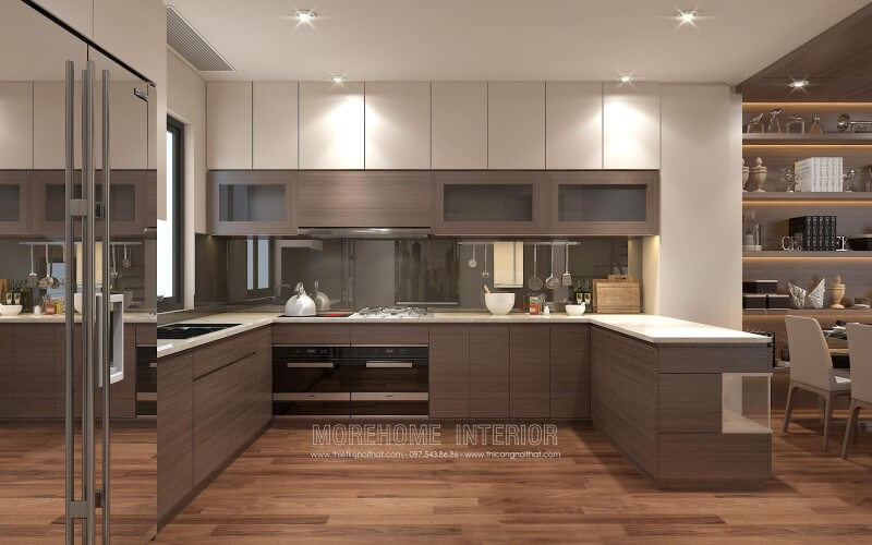 Thiết kế tủ bếp chung cư kiểu dáng chữ U với các khu vực được phân bố hợp lý, phân chia góc không gian nhà bếp hài hòa Thiết kế và sản xuất tủ bếp đẹp
