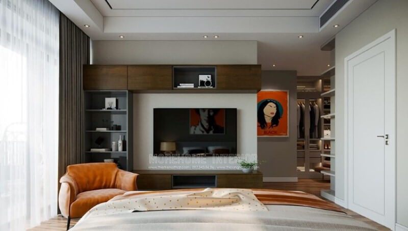 Trang trí phòng ngủ khéo léo với nhiều hộc tủ hiện đại, sang trọng.