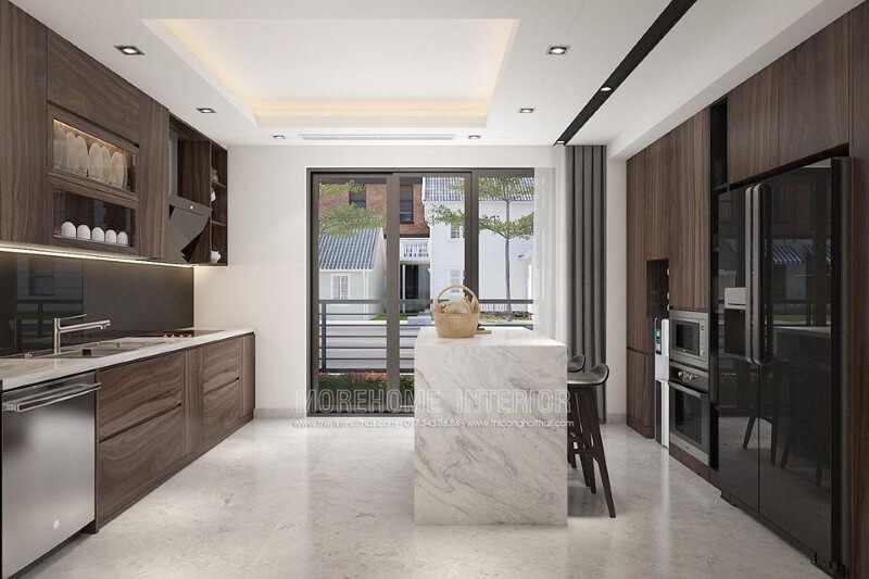 Bố trí phòng bếp bằng gỗ công nghiệp acrylic đẹp.