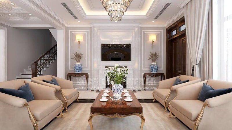 Sắp xếp nội thất phòng khách tân cổ điển đẹp, sang trọng tại Palm Garden.