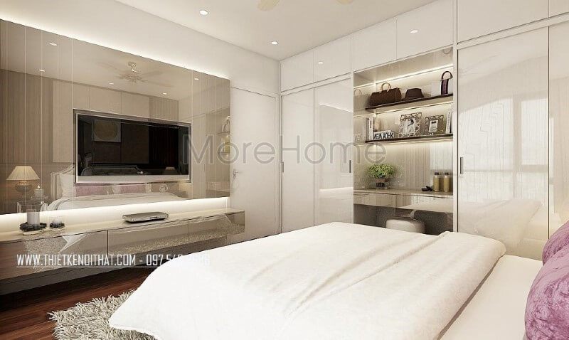 Kệ trang trí gỗ công nghiệp nhưng đẹp, sang trọng lựa chọn ấn tượng cho phòng ngủ vợ chồng hiện đại.