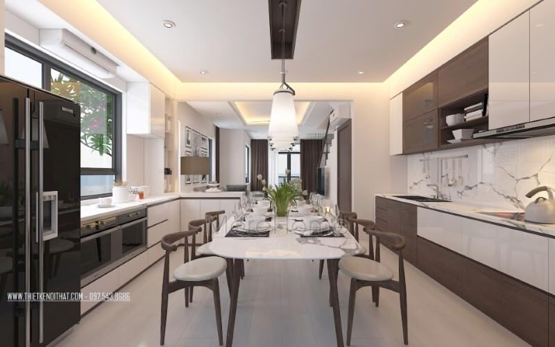 Phòng bếp hiện đại độc đáo với nội thất gỗ óc chó chủ điểm nhấn.