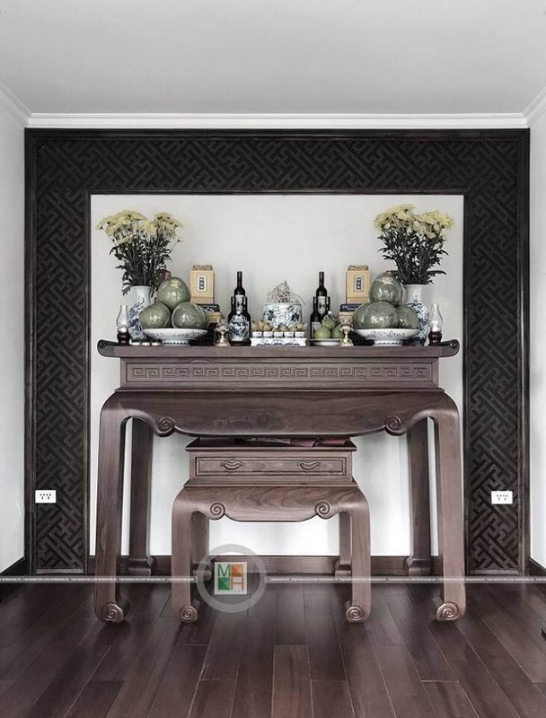 Mẫu bàn thờ gia tiên gỗ óc chó hiện đại sang trọng tại biệt thự ecopark Hưng Yên