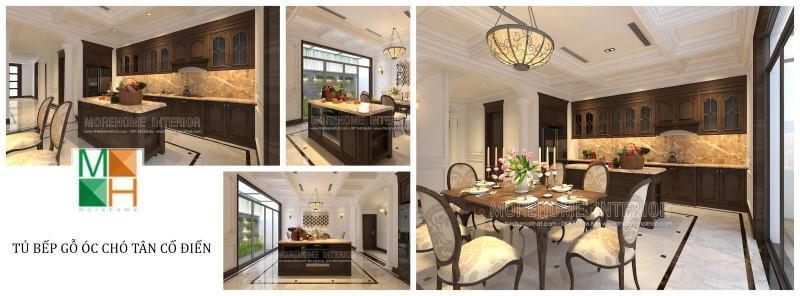 Thiết kế tủ bếp tân cổ điển bằng gỗ óc chó cho không gian nhỏ là việc vô cùng đơn giản với nội thất MoreHome, với hàng trăm mẫu thiết kế cùng đội ngũ tư vấn nhiệt tình sẽ giúp bạn lựa chọn được mẫu tủ bếp ưng ý nhất