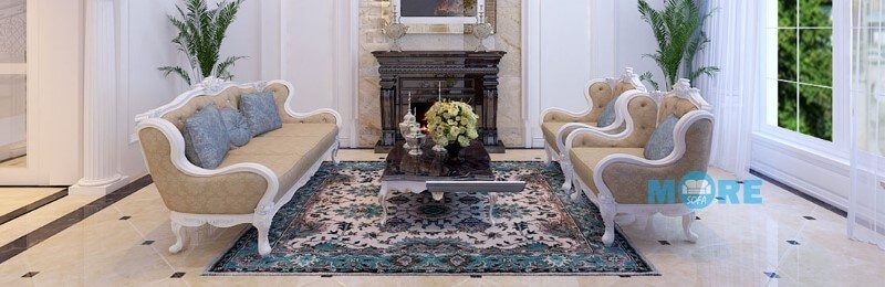 Sofa tân cổ điển MS-036 gỗ tự nhiên bọc nỉ hoa văn cao cấp màu vàng tạo cảm giác ấm cúng cho phòng khách